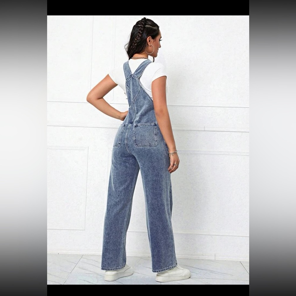 SHEIN Letter Patched Detail Denim Overalls size large